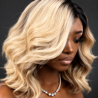 10” blonde with dark roots wavy side part Wig