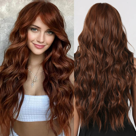 Long Wavy Chocolate Brown Synthetic Wigs for Women Natural Wave Curly Women Wigs With Bangs Daily Party Heat Resistant Fiber Wig