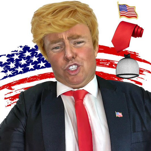 Synthetic 3pc Donald Trump Wig + Flag Pin + Red Tie For Adults | Toupee Blonde Cosplay Wig Couples